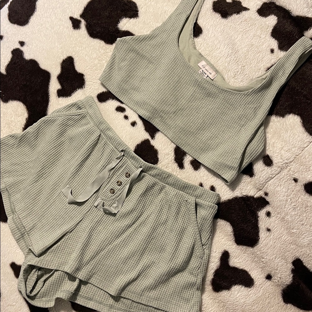Green Ribbed Tank and Shorts Set